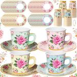 Umigy Tea Party Decorations 6.5oz Floral Paper Tea Cups with Handle and Plates Disposable Blossom Teacups and Saucers Sets with Tape for Hot Cold Drink Birthday(Cute Style, 60 Sets)