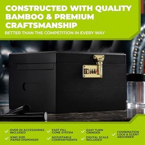 Large Premium Bamboo Storage Box with Combination Lock- Removable Sliding Tray Kit with Paper Dispenser, 21 Acessories & Ergonomic Design