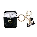 AIIEKZ Compatible with AirPods Case Cover, Soft Silicone Case with Gold Heart Pattern for AirPods 2&1 Generation Case with Cute Butterfly Keychain for Girls Women (Glitter Black)