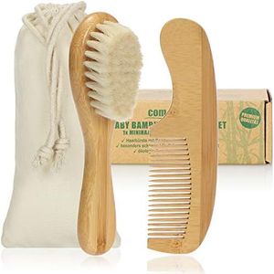com-four® Cepillo y Peine para Bebés a Partir de 0 Meses - Cepillo para Bebé, Recién Nacido y Niño Pequeño - Cepillo de Bambú con Suave Lana de Oveja (Peine + Cepillo para el Pelo - Oveja)