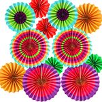 Set of 12 Vibrant Colorful Hanging Paper Fans Rosettes Party Decorations Fiesta Party Supplies Photo Props for Cinco De Mayo Carnival Mexican Kids Party Birthday Baby Shower, Multi-Color