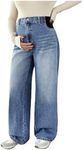 MakeMeChic Women's Maternity Jeans Wide Leg Over The Belly Straight Pregnancy Jeans Denim Pants Blue and White Medium