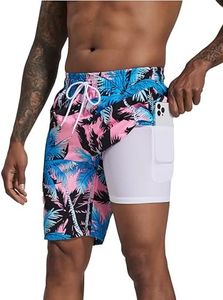 difficort Mens Swimming Trunks with Compression Liner Quick Dry Board Shorts Swimsuit with Zipper Pockets,Pink Coconut Tree,Small