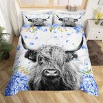 Highland Cow Flower Bedding Set King Bull Cattle Duvet Cover Set for Kids Boys Girls Boho Marble Gray Beds Set Western Funny Animal Decor Bedroom Collection 3pcs