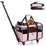 Lekesky Wheeled Pet Carrier Airline Approved, Small Dog Carrier for Puppy and Kitten 15 Lbs, Pet Carrier for Cat, Soft Cat Carrier with Wheels, Collapsible Cat Carrier Bag, Pink