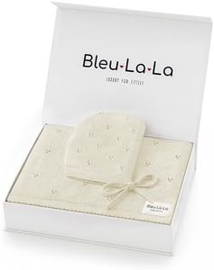 Bleu La La Organic Baby Blanket + Hat Gift Set - 100% Soft Luxury Cotton Unisex Receiving Swaddle Blanket + Bonnett Registry for Newborns & Infants (Butter Cream + Hat)