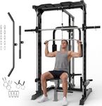 Smith Machine Home Gym, 1000 LB Power Cage Squat Rack with LAT Pulldown System, Chest Station & More Training Attachment, Multi-Functional Fitness Equipment for Full-Body Training, Black