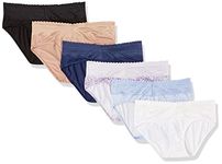 Warner's Women's Blissful Benefits Muffin Top Tailored 6-Pack Hipster Panties, Toasted Almond/Black/Hydrangea Delicate Diamonds/Navy Ink/Lilac Petals/White, S