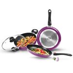 Milton Pro Cook Kitchen Jewel Set of 3 (Fry pan 24 cm/1.6 litres; Kadhai 24 cm/2.5 litres with Glass lid & Tawa 25 cm), Dark Purple | Induction | Hot Plate | Flame Safe