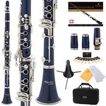 Mendini by Cecilio B Flat Beginner Student Clarinet with 2 Barrels, Case, Stand, Book, 10 Reeds, Mouthpiece and Warranty (Blue)