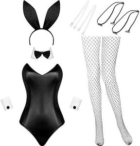 Geyoga Set de Disfraz de Conejita de Anime de Halloween de Mujer Body Diadema Medias de Navidad Fiesta Cosplay (Blanco y Negro, L)