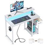 AODK White Desk, Gaming Desk with Adjustable Monitor Shelf, 40 Inch Computer Desk with Drawer, Reversible Pc Desk with LED Lights & Power Outlet, Work Desk with Headphone Hook for Home Office, Bedroom