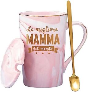 LOZACHE Regalo Donna Tazza per Mamma con Parole 'La migliore Mamma del mondo', Idee Regalo per Mamma, Compleanno, Natale, Festa della Mamma, 350ml Rosa, con Coperchio e Cucchiaio, Confezione Regalo