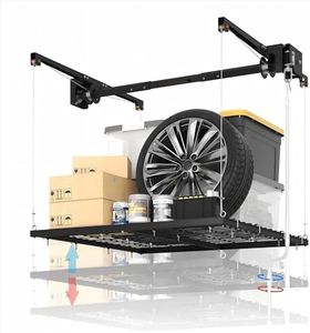 Overhead Garage Storage Rack Lift, 4x4 ft Ceiling Mounted Storage Racks, 79" Max Adjustable Height, 350lbs Weight Capacity, Heavy-Duty Metal Ceiling Rack for Organization