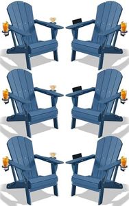 PLUUV Folding Adirondack Chair Set of 6, Easy Storage Space Saving, 380 LBS Capacity Weather Resistant HDPE with Two-Cup Holder for Outdoor Patio Fire Pit Gathering, Navy