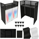 Portable DJ Facade Booth,42" L x 46" H x 21" W DJ Table Stand Booth with White & Black Scrim,Foldable DJ Table Station with Adjustable Feet for Party, Black Metal Frame