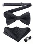 HISDERN Black Bow Tie Pre tied Bow Tie and Pocket Square Set with Cufflinks Paisley Bow Ties Silk Mens Bowtie and Handkerchief for Wedding Party