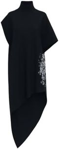 MRS MOMMA BEAR Stretch Performance Dress, Machine Washable Mock Neck Midi, Draped Asymmetrical Hem, Wide Sleeve, Women's, Willow | US Alpha, X-Small - Black Rose Floral
