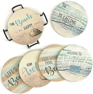 PANCHH Beach Coastal & Ocean Sea Tropical Theme Coasters for Drinks, Kitchen Decor and Gifts for Beach House and Home Beach Bars - Coasters for Wooden Table - Set of 6 with Holder, Absorbent