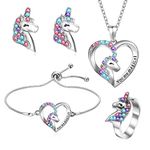 Smilcloud 4 PCS Girls Jewelry Set Unicorn Mermaid Necklace Bracelet Set and Earrings Ring with Present Box Jewelry Favors Set Birthday Gift for Little Girl Daughter Granddaughter Niece