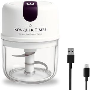 Konquer TimeS Mini Electric Garlic Chopper – Portable Wireless Food Processor with Stainless Steel Blades, Rechargeable Grinder for Onion, Ginger, Chili, Meat, Fruit, Vegetables, etc - 250ml (White)