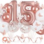 15th Birthday Decorations Girl with Butterfly Decor and Rose Gold Balloons, Rose Gold 15th Birthday Girl Party Decorations with 40 in Number Balloons