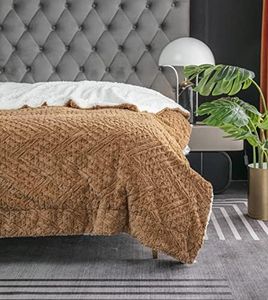 Tache Caramel Brown Faux Fur Throw Blanket - Chevron Geometric Embossed Super Soft Warm Fluffy White Sherpa Plush - 90" x 90"