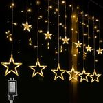 12 Stars 138 LED Curtain Lights, Christmas Outdoor Decor Window Curtain String Lights with 8 Flashing Modes Ramadan Decoration for Christmas, Wedding, Party, Home Bedroom Decorations (Warm White)