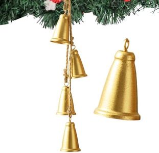Christmas Bells, Gold Cow Bells Christmas Decor Indoor, 4-PCS Rustic Brass Bells Vintage Hanging Bell for Christmas Tree Decoration, Door Knob (Cone)