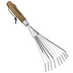 Haliaeetus Garden Hand Rake, 14.6'' Small Hand Rake for Tight Areas, 9 Tines Stainless Steel Garden Rake with Ergonomic Wood Handle for Clearing Leaves and Loose Debris in Flower bed and Around Plants