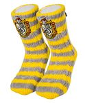 Merchoid Harry Potter Hufflepuff Slipper Socks – Faux Fur lined, non slip, warm & comfy Hogwarts House Slipper Socks, Yellow Grey, One Size