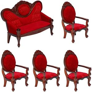 5 Pcs 1:12 Miniature Dollhouse Furniture, Include Vintage Red Wooden Carved Sofa Couch 4 Pcs Wooden Carved Single Sofa Chairs Retro Red Armchairs for Living Room Bedroom Kitchen Birthday Decoration