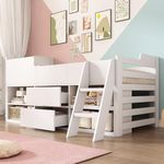 LTGB Bunk Bed for Kids, Cabin Bed Mid Sleeper Bed Frame Storage Kids Wooden bed with Drawers Shelf Storage Low Sleeper Bed 3FT Single Children's Wooden Bed - (90 x 190 cm) (White)