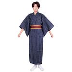 HongH Men's Japanese Traditional Kimono Robe Long Sleeve Spa Bathrobe Yukata Nightgown Obi Belt Set, 1024# Navy Stripe, Length 57"