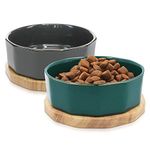 Navaris Ceramic Dog Bowl - Set of 2 800ml Water or Food Bowls for Pet Dogs and Cats with Non Slip Oak Wood Underlay - Ceramic Bowls - Grey, Petrol