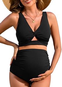 Charmo Maternity Bathing Suit Swimsuit Two Piece Swim High Waist Pregnancy Bikini Sets Ribbed Bathing Suit Cutout Black XL
