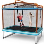 COSTWAY 3 in 1 Kids Trampoline, 6FT Mini Toddler Trampolines with Swing, Horizontal Bar and Enclosure Safety Net, Rectangle Trampoline for Outdoor Indoor (Blue + Orange)