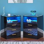 Figbird Black LED Bedside Table Set of 2, Modern Glass Top Nightstand with Charging Station, High Gloss Smart Sofa Side End Table with 3 Drawers for Living Room Bedroom