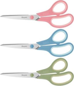 iBayam 8.5 Inch Scissors All Purpose Heavy Duty 3 Pack, 2.5mm Thick Ultra Sharp Blade Comfort-Grip for Office Classroom School Cardboard Craft Desk, Left/Right Handed, Cute Pastel Pink Blue Green