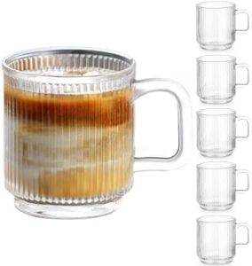 Qipecedm 6 PACK Premium Glass Coffee Mugs with Handle, 12 OZ Classic Vertical Stripes Glass Coffee Cups, Transparent Tea Cup for Hot/Cold Beverages, Glassware Set for Americano, Latte, Cappuccino