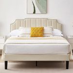 VECELO 4ft6 Double Bed Frame Upholstered Platform with Adjustable Headboard/Velvet Fabric/Wood Slat Support/No Box Spring Needed/Easy Assembly, Beige