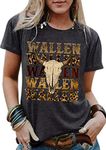 RuDily Wallen Shirt for Women Western Cattle Skull Leopard Graphic Tee Tops Vintage Rodeo Country Music Bleached T-Shirt (Dark Gray,S)