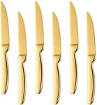 Stainless Steel Serrated Steak Knife Set of 6, BuyGo Gold Color Heavy Duty Dinner Table Knives for Cutting Meat, Beef, 8.6 Inch, Dishwasher Safe