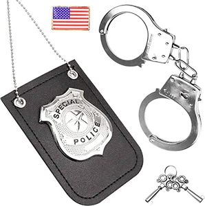 HAPTIME Police Badge, American Flag Badge, Toy Handcuffs Set for Kids' Cosplay, Pretend Play, School, Birthdays - Cop Role Play Kit for Classroom Fun, Party Favors, and Gifts