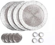 Penguin Home Handcrafted Glass Beaded Round Placemats, Coasters & Napkin Rings Set of 12 - Handmade Table Place Mats for Dining - 32 cm (13") Diameter (Silver)