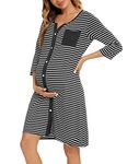 Marvmys Maternity Nightdress For Hospital Breastfeeding Nightwear 3/4 Length Sleeves Nursing Nightgown Button Down Sleep Shirt V Neck Pajama Soft Loungwear For Pregnant Women A-Black L