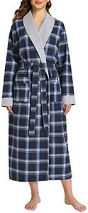 Latuza Women's Plaid Flannel Robe Long Cotton Bathrobe with Pockets, Navy Blue, Medium