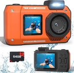 33FT Waterproof Camera 4K 65MP Underwater Camera Rugged Dustproof Shockproof with 64G Card, Underwater Camera for Snorkeling Autofocus Selfie Dual-Screen Diving Sport Floatable Digital Camera (Orange)