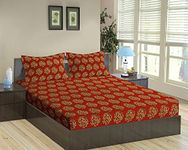 Trance Home Linen 200TC 100% Cotton 78"x72" Standard King Size Fitted Bedsheet Elastic | Printed King Bed Size Elasticated Fitted Bedspread with 2 Pillow Covers (King 78x72 inch, Damask Clay Red)