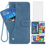 Asuwish Compatible with Samsung Galaxy S5 Wallet Case and Tempered Glass Screen Protector Flip Cover Card Holder Stand Cell Phone Cases for Glaxay S 5 Neo Gaxaly 5S Galaxies GS5 G900A Women Men Blue